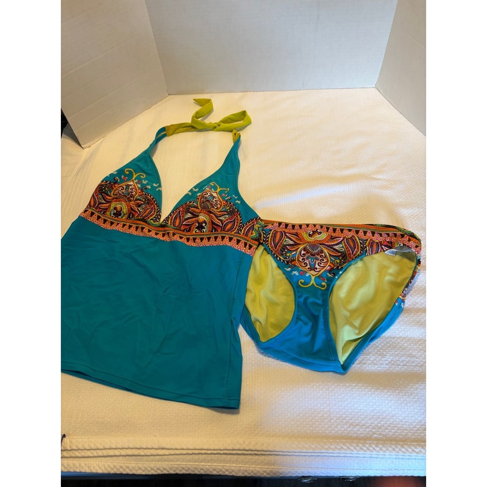 Athleta Womens Teal Paisley Bohemian Halter Tankini Top and Bikini Bottom Set M‎